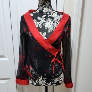 Sheer Black And Red Floral Double Tie Wrap Top S